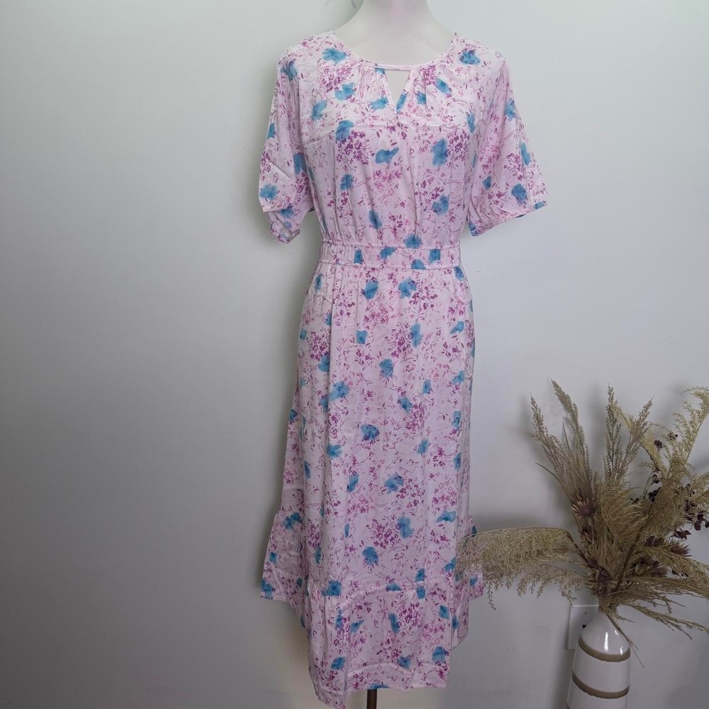 Floral 100% Cotton Midi Dress Pink Purple Blue Keyhole Pockets Size L
